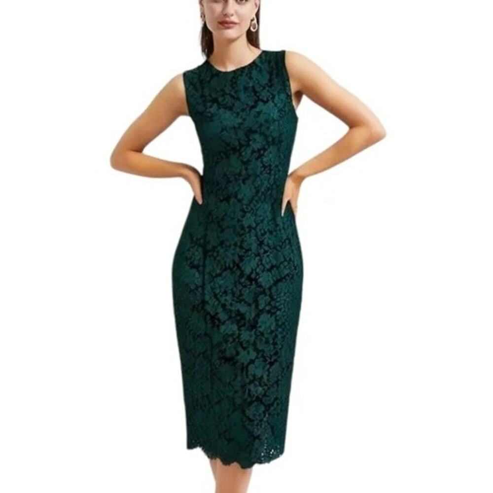 NWT Dolce & Gabbana Dark Green Lace Sleeveless Mid-Length Sheath Dress Size 42
